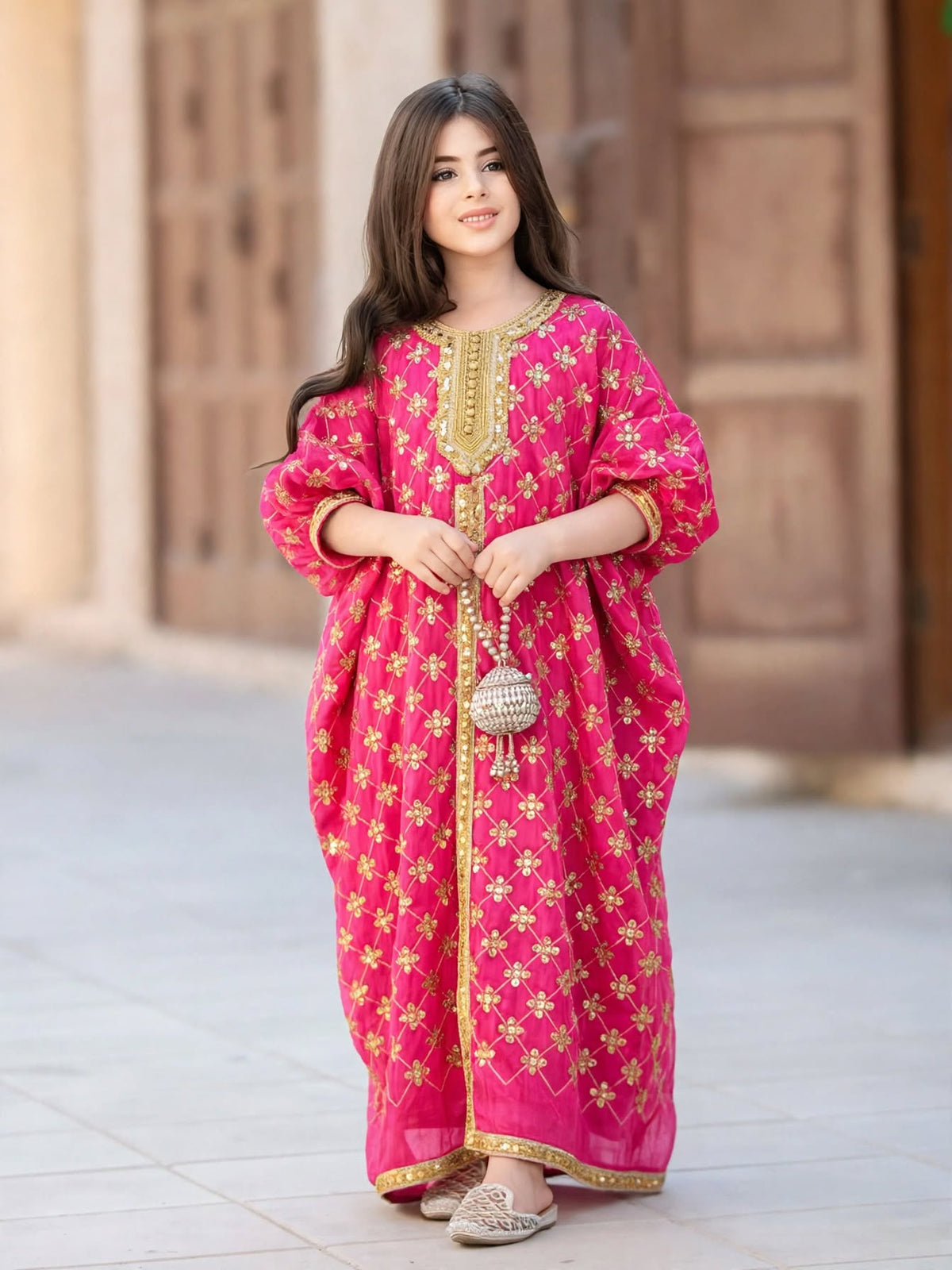 Pink Gold Embroidered Girls Abaya Dress with Belt - Modest Islamic Kaftan for Kids | 6 & 8 Years | MH
