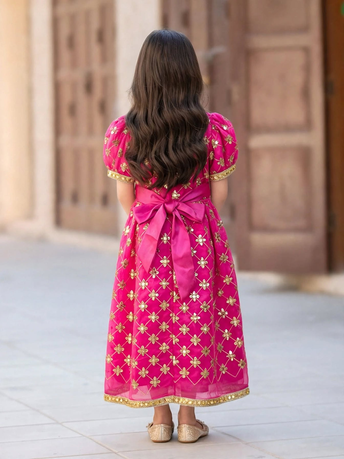 Pink Gold Embroidered Girls Abaya Dress with Belt - Modest Islamic Kaftan for Kids | 6 & 8 Years | MH