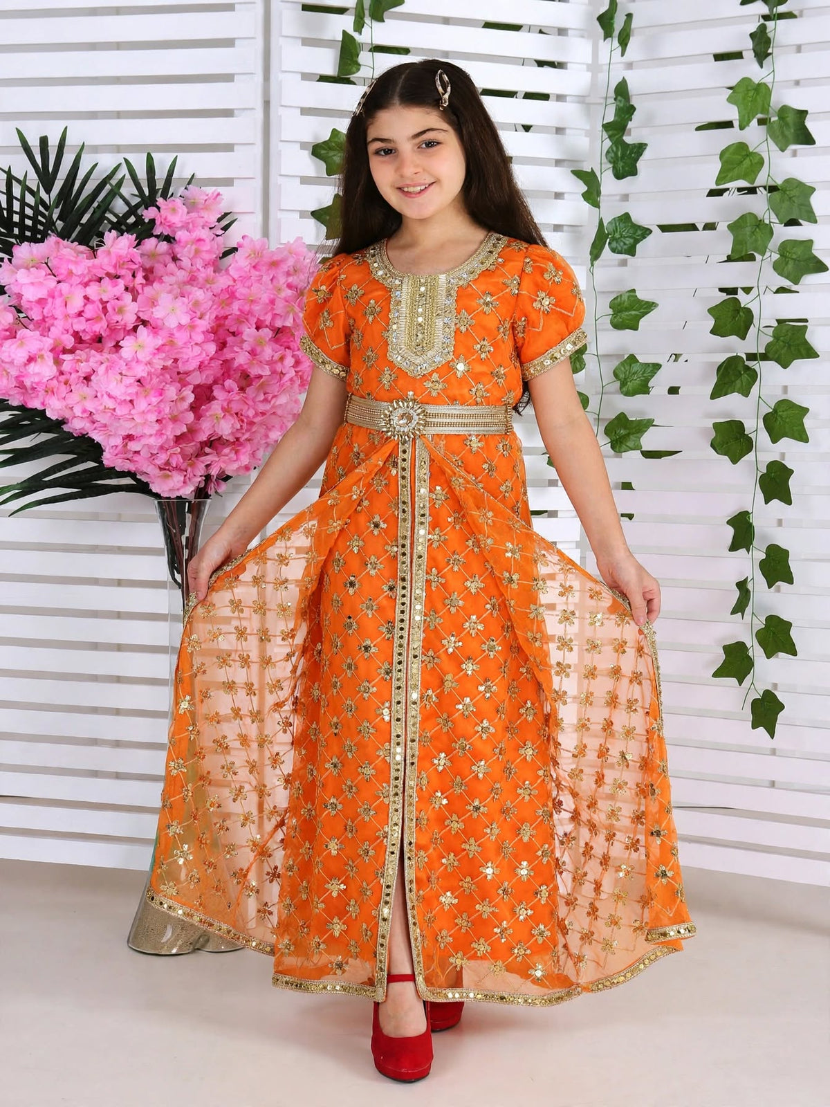 Orange Gold Embroidered Girls Abaya Dress with Belt - Modest Islamic Kaftan for Kids | (24) 4 Years | MH