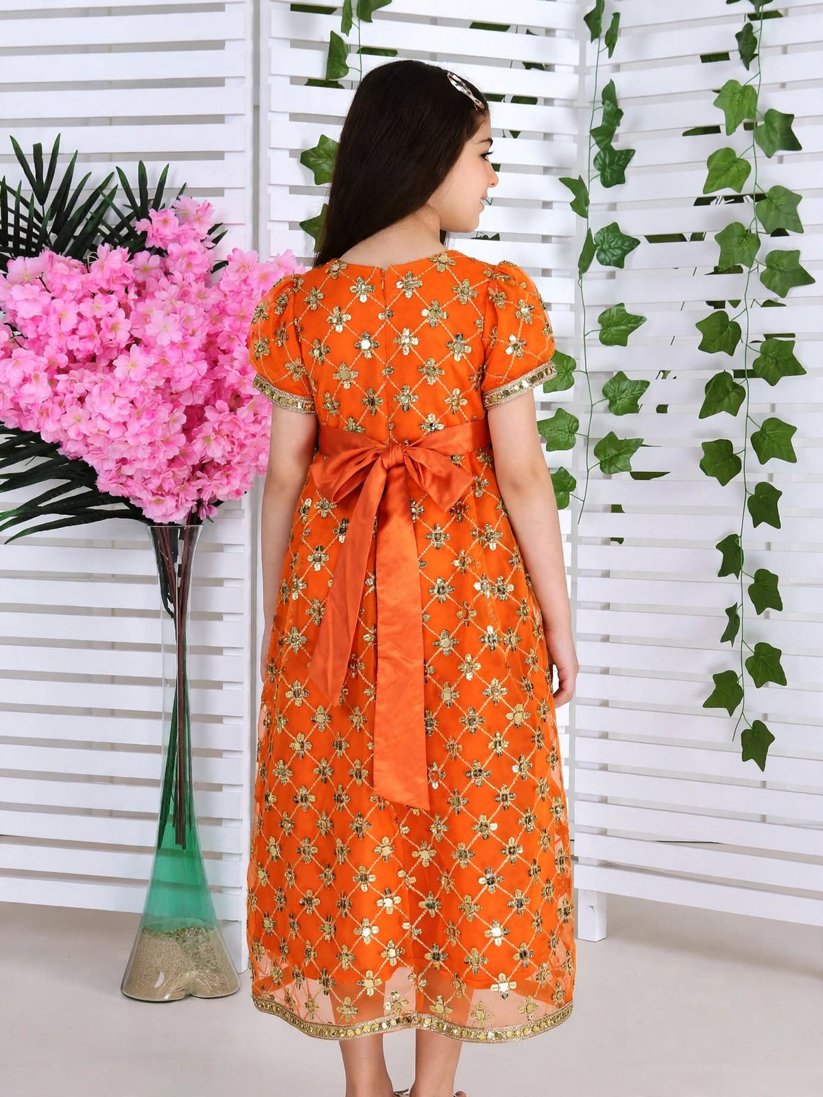Orange Gold Embroidered Girls Abaya Dress with Belt - Modest Islamic Kaftan for Kids | (24) 4 Years | MH