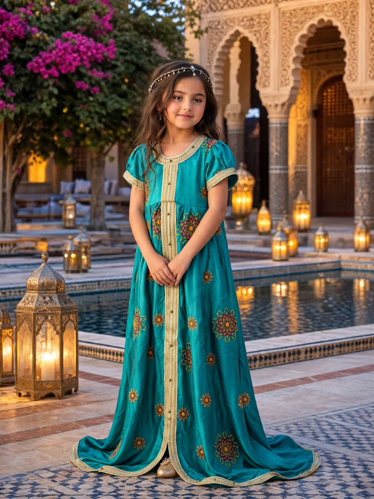 Elegant Turquoise Gold Embroidered Modest Abaya Dress for Toddlers | Sizes (24)-4 Years | MH