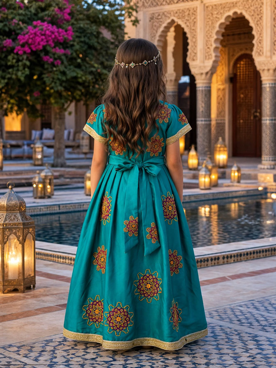 Elegant Turquoise Gold Embroidered Modest Abaya Dress for Toddlers | Sizes (24)-4 Years | MH