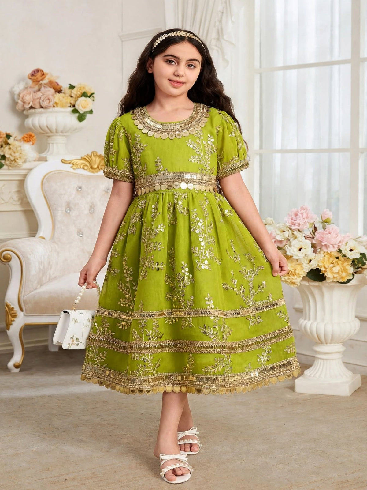 Girls Dress Omani Lime Green Floral Embroidered-Sequined Heritage Wear | (Age 2 Years) | MH