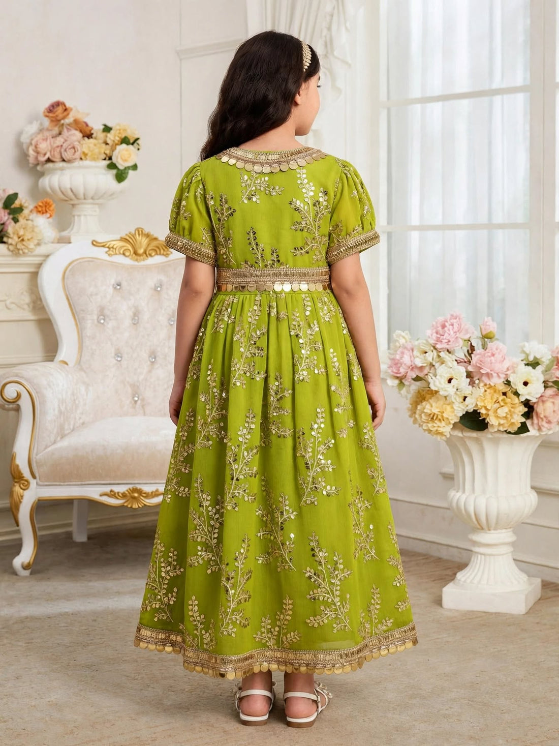 Girls Dress Omani Lime Green Floral Embroidered-Sequined Heritage Wear | (Age 2 Years) | MH