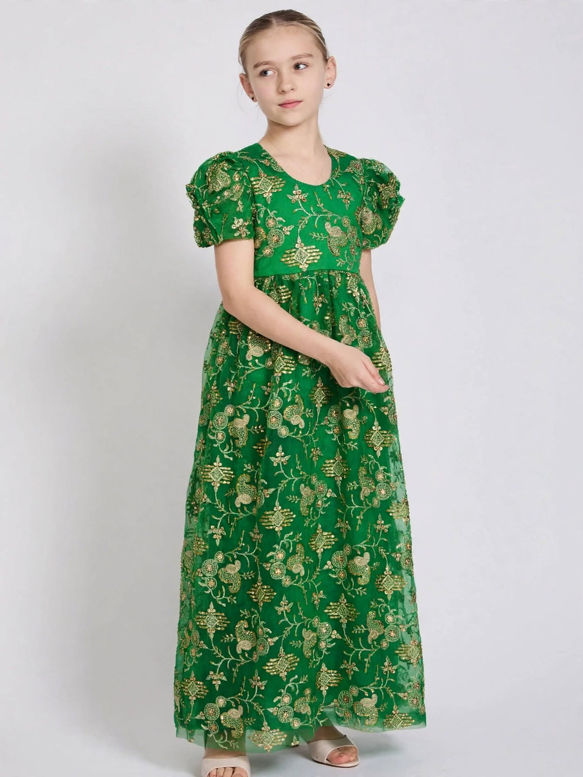 Girls Dress Omani Forest Green Paisley Gold Embroidered-Heritage Formal | (Age 10 Years) | MH