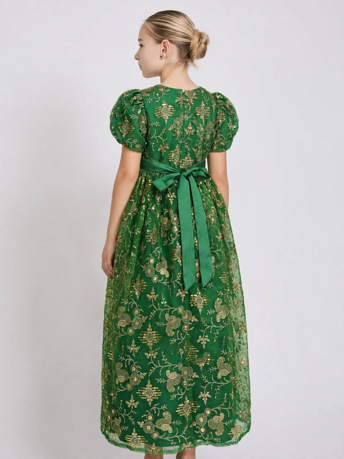 Girls Dress Omani Forest Green Paisley Gold Embroidered-Heritage Formal | (Age 10 Years) | MH