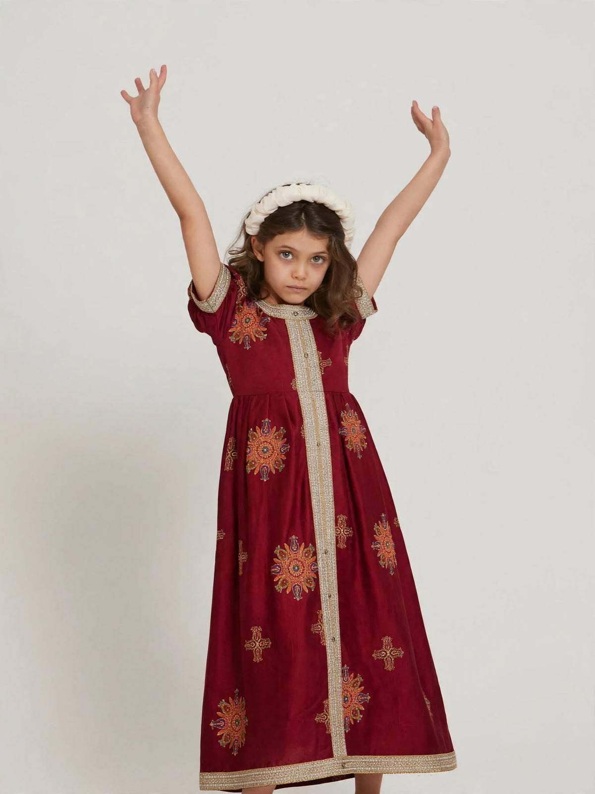 Girls Red Arabic Kaftan Dress with Floral Embroidery – Modest Fashion | Ages 2 & 4 Years | MH