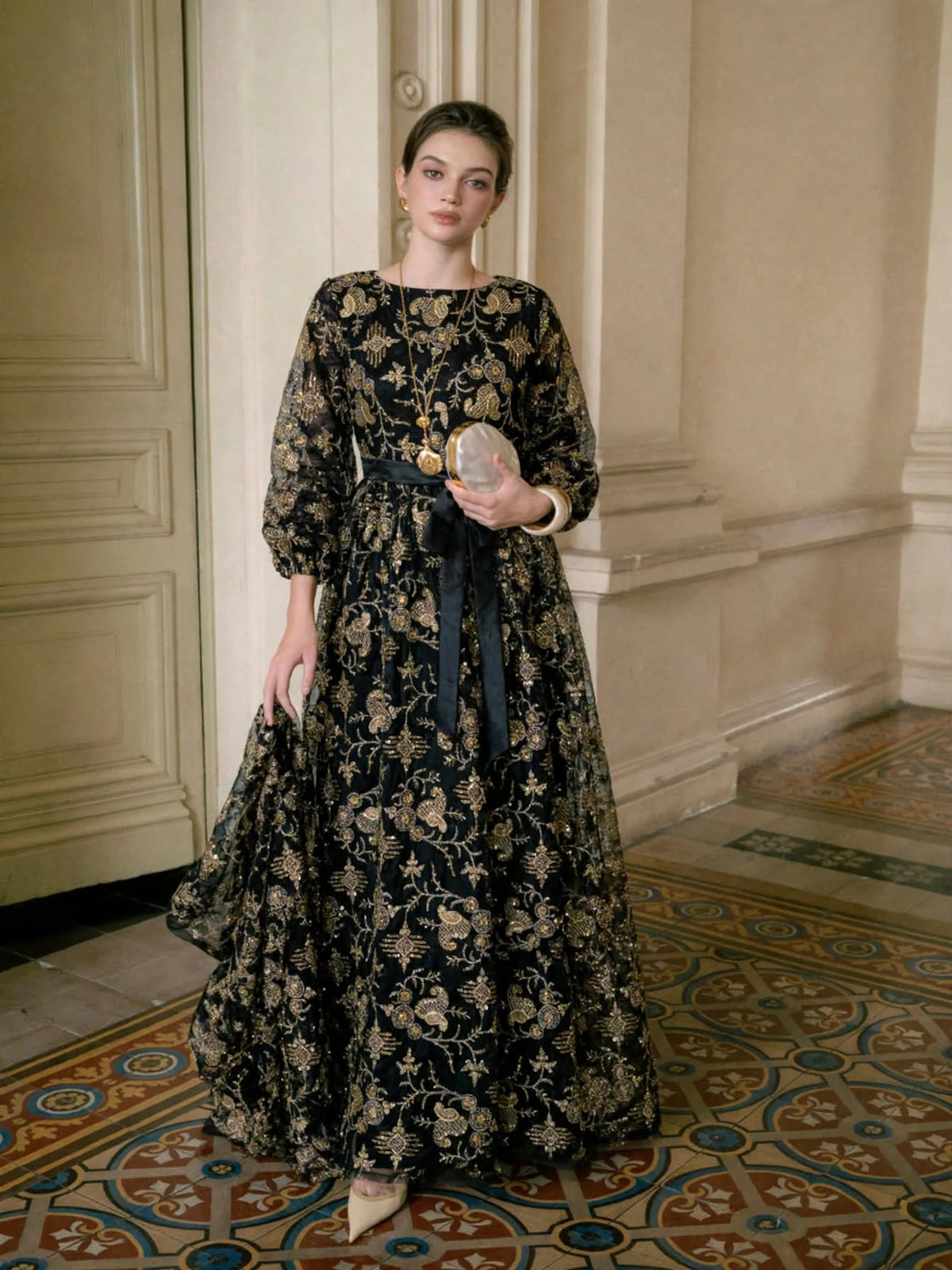 Ladies Black Arabic Kaftan Dress with Gold Embroidery & Sash Belt – Modest Fashion | 18 Years | MH