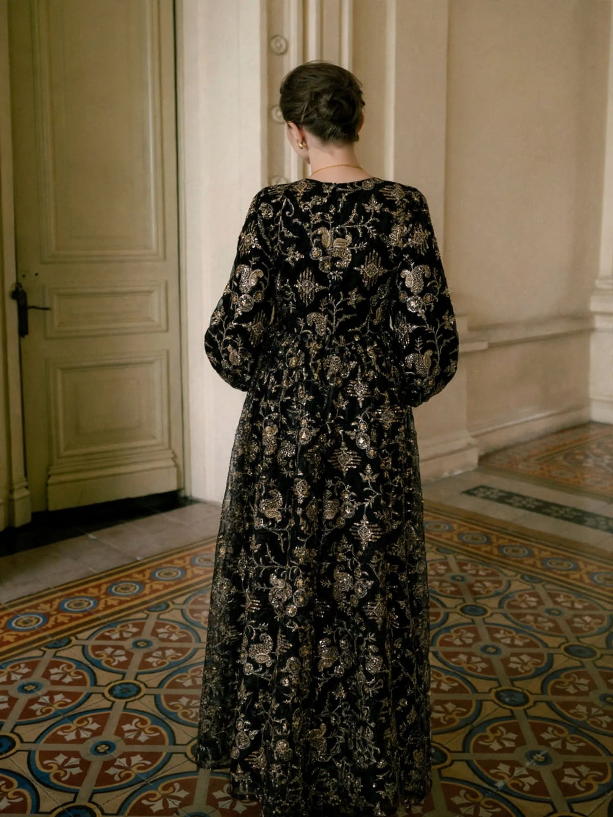 Ladies Black Arabic Kaftan Dress with Gold Embroidery & Sash Belt – Modest Fashion | 18 Years | MH