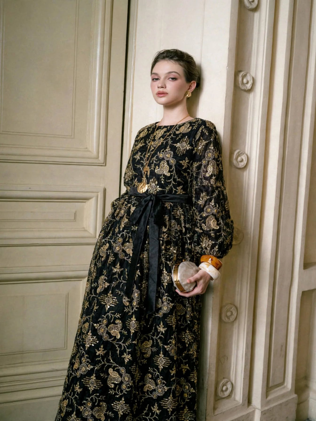 Ladies Black Arabic Kaftan Dress with Gold Embroidery & Sash Belt – Modest Fashion | 18 Years | MH