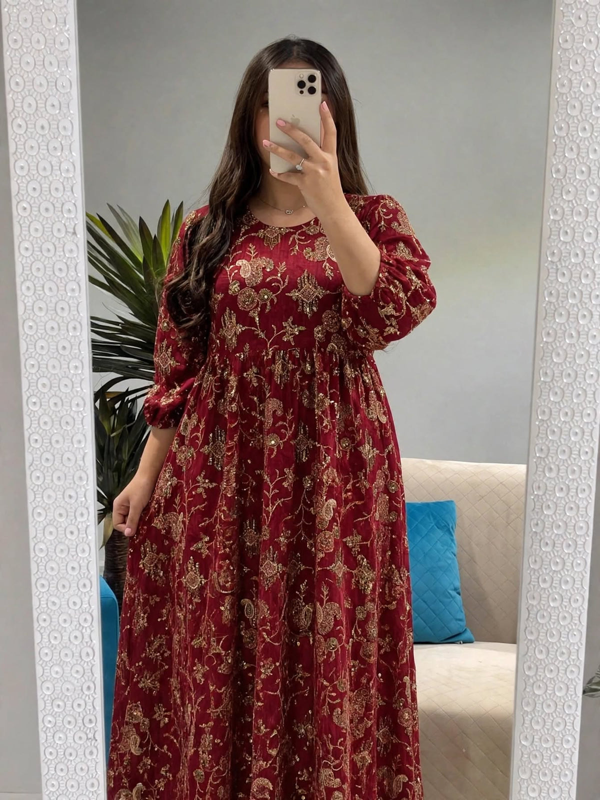 Luxury Red Eid Abaya for Women 16,18 Years | Embroidered Modest Dress with Gold Details | MH