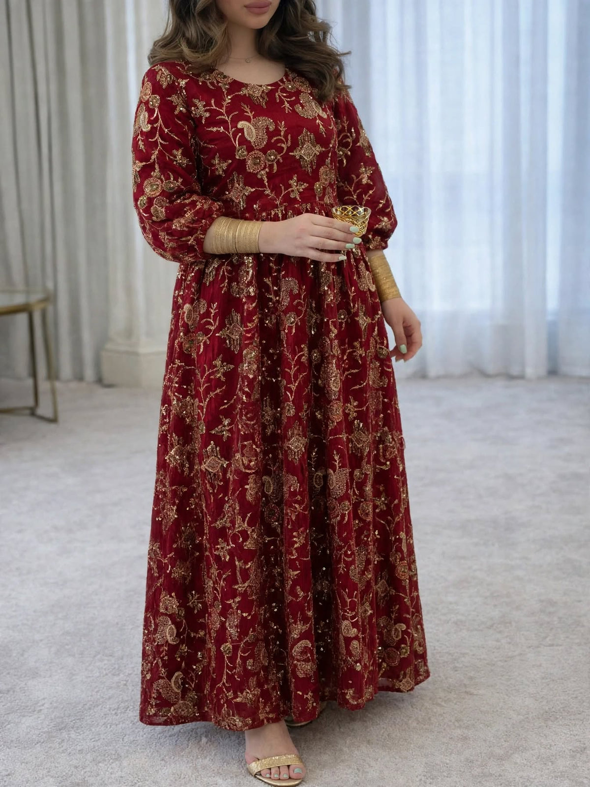 Luxury Red Eid Abaya for Women 16,18 Years | Embroidered Modest Dress with Gold Details | MH