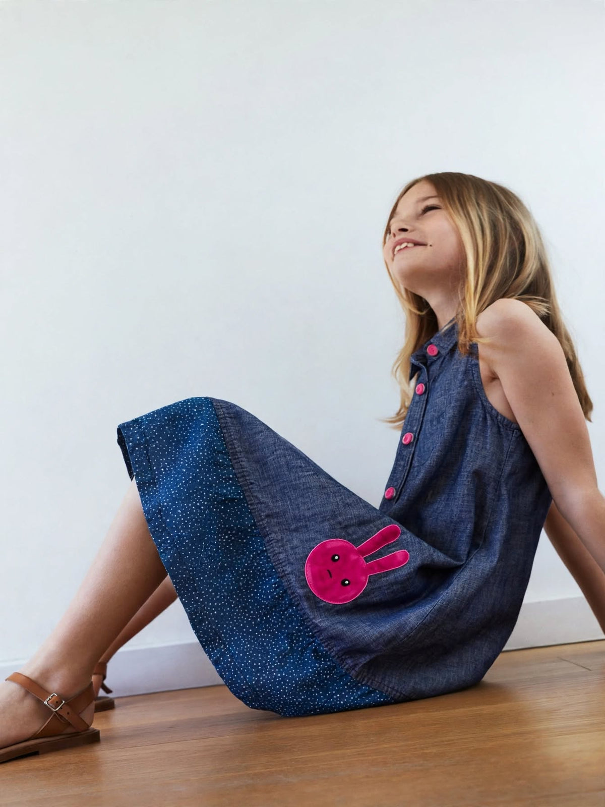 Sleeveless Button-Front Denim Dress with Cute Bunny Patch Detail |MH Size (2-12Years)
