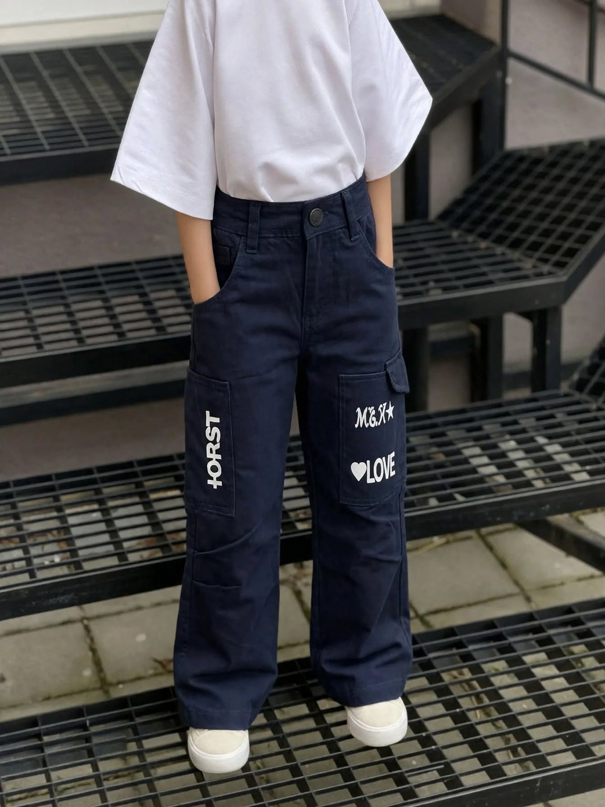 Girls Cargo Pants Navy Blue for Kids 1-8 Years - Trendy Cargo Trousers with Pockets & Patches | MH