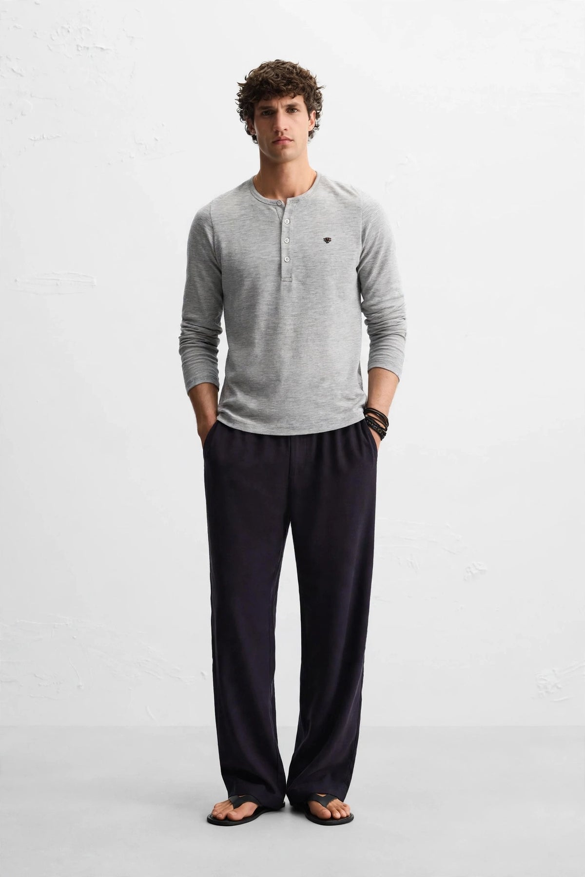 Men’s Grey Henley Long Sleeve Top S to XXL | Soft Casual Button Shirt with Small Chest Logo | MH