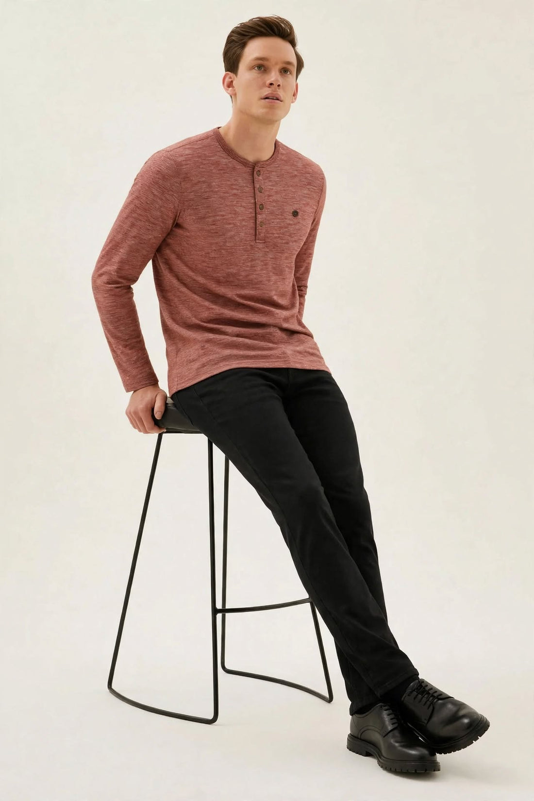 Men’s 4-Button Henley Long Sleeve T-Shirt – Rust Heather | Sizes S-XXL | MH