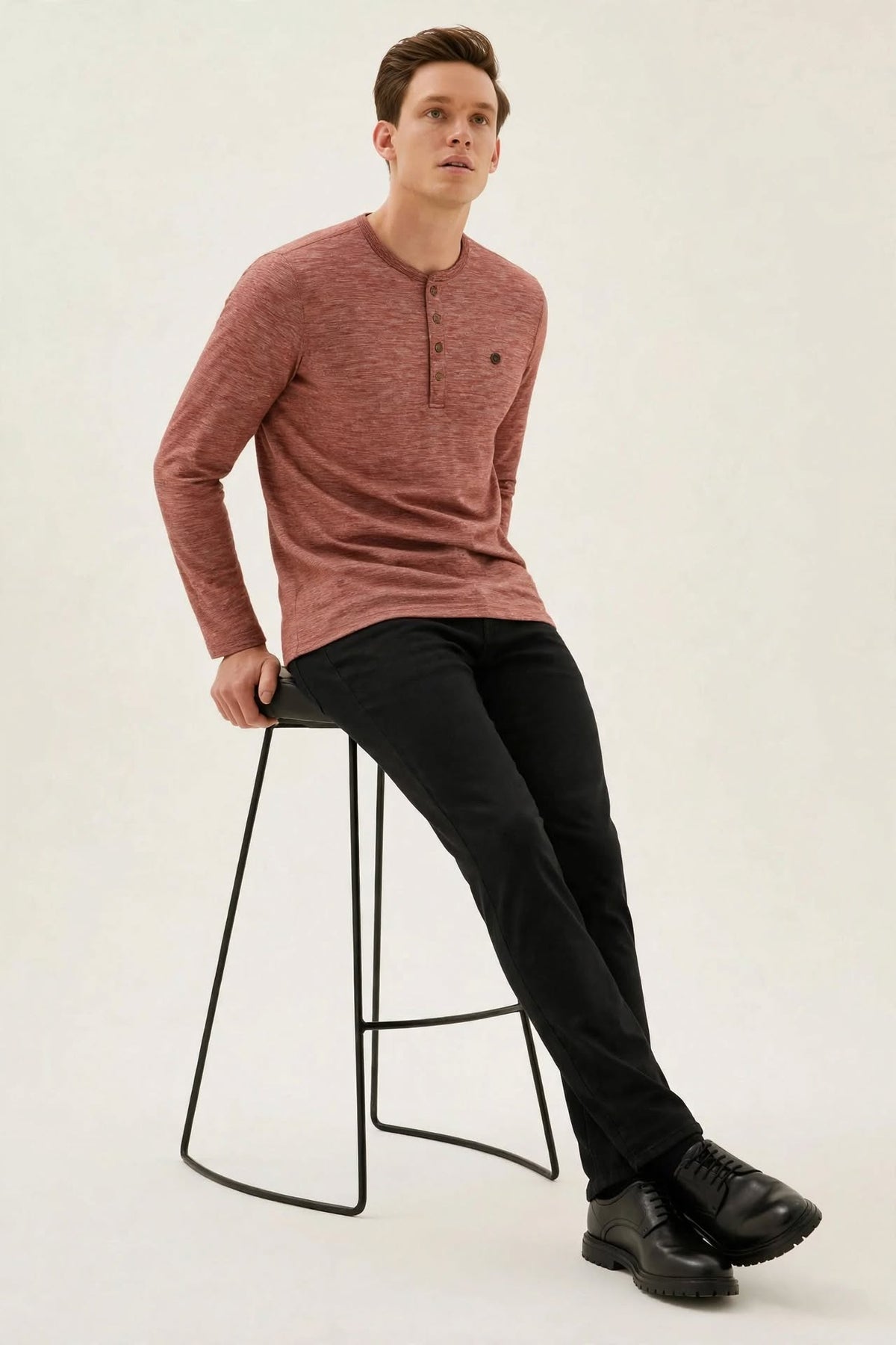 Men’s 4-Button Henley Long Sleeve T-Shirt – Rust Heather | Sizes S-XXL | MH