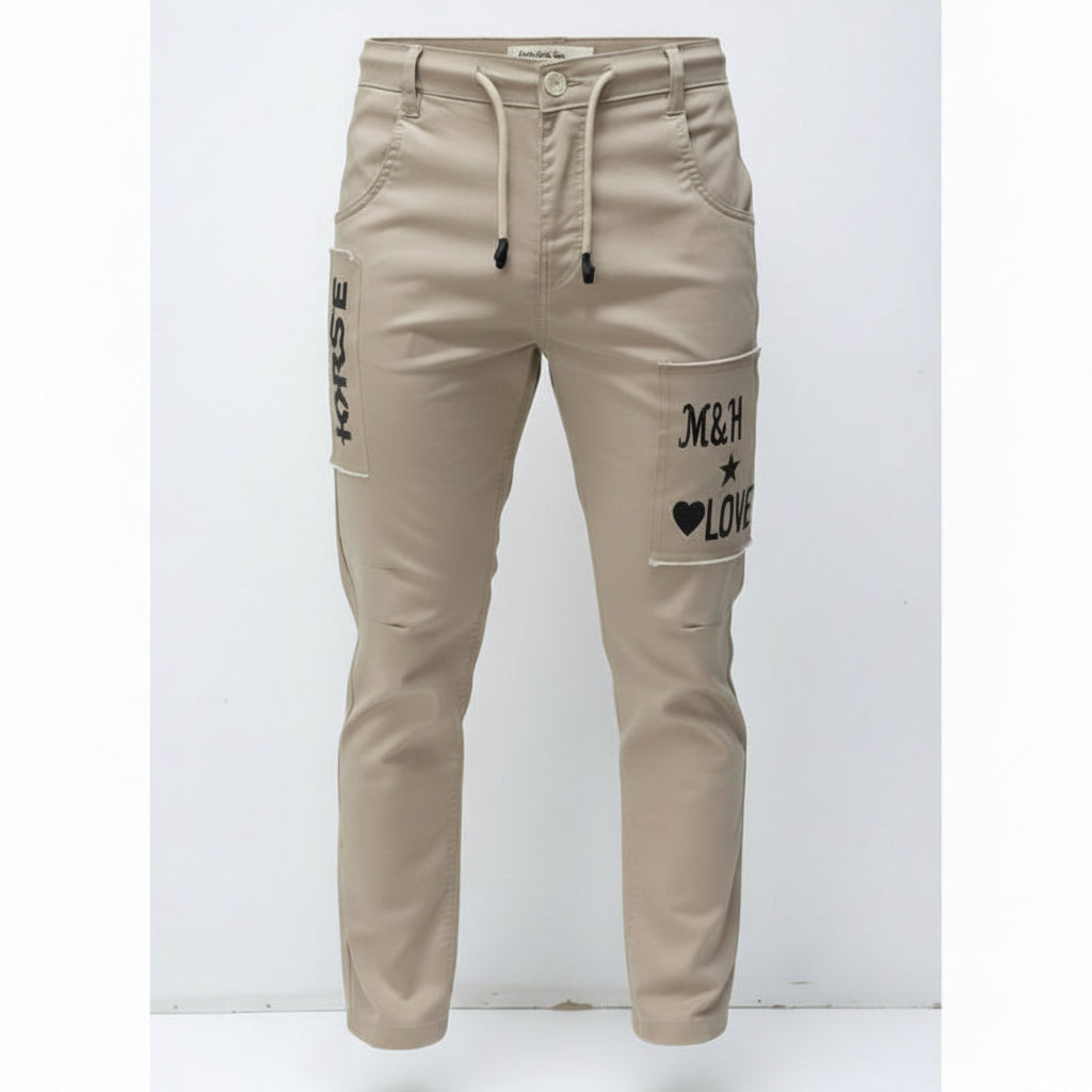 Men's Urban style Slim-Fit Patches Pants With Adjustable Drawstring Beige Cargo Jogger Pants 17-24 Years - Casual Trousers with Pockets | MH