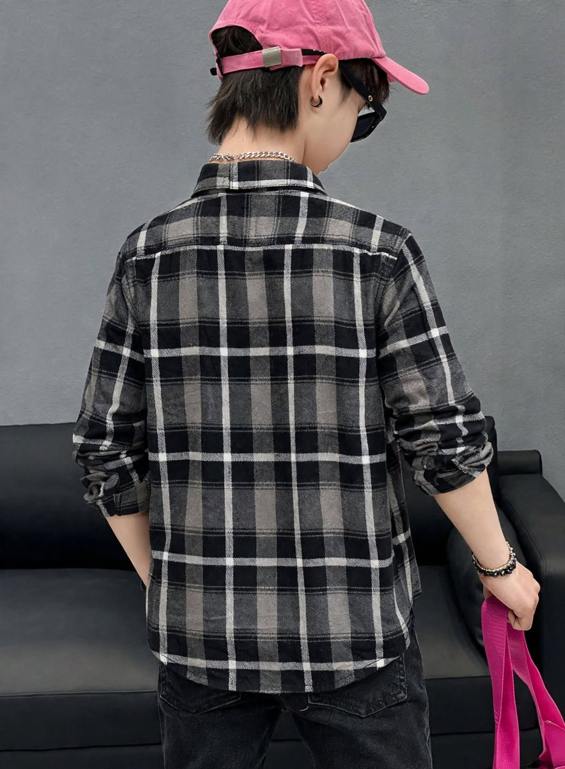 Classic Plaid Button-Up Shirt with Black Zipper Denim Kids. Sizes(1-12Years)| MH
