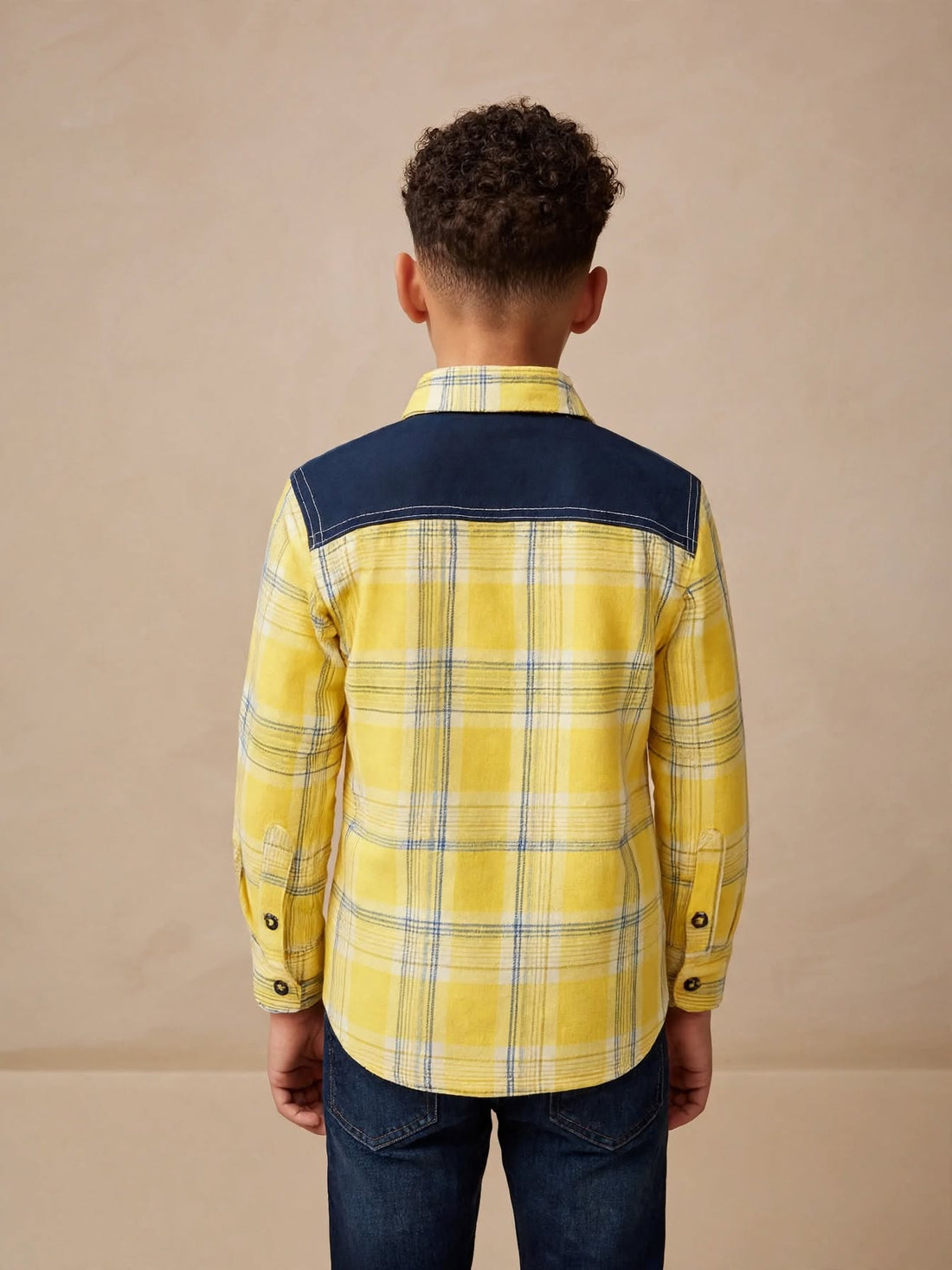 Boys' Navy Yoke Mustard Plaid Button-Down Shirt – Premium Cotton Western Style (Ages 2-12) | MH