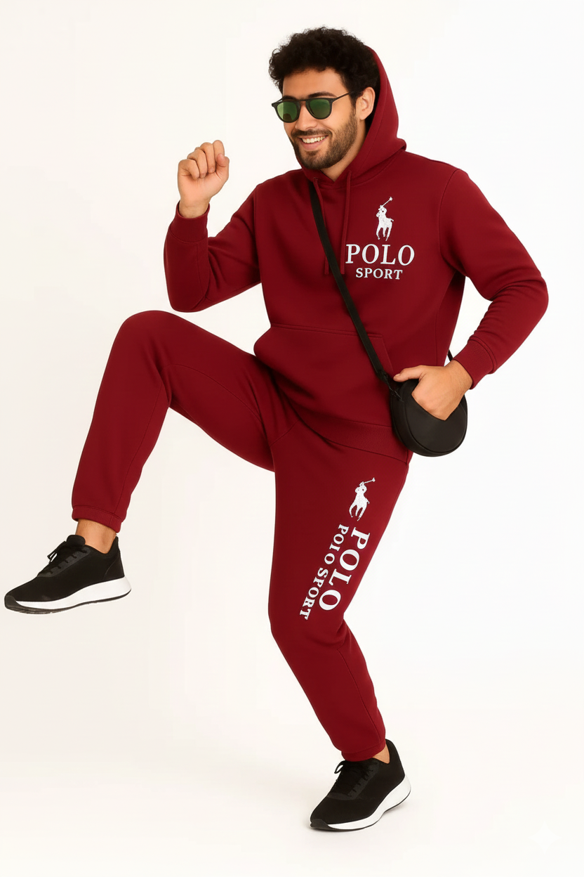 Men’s Polo Tracksuit – Hoodie & Joggers Set in Maroon./MH