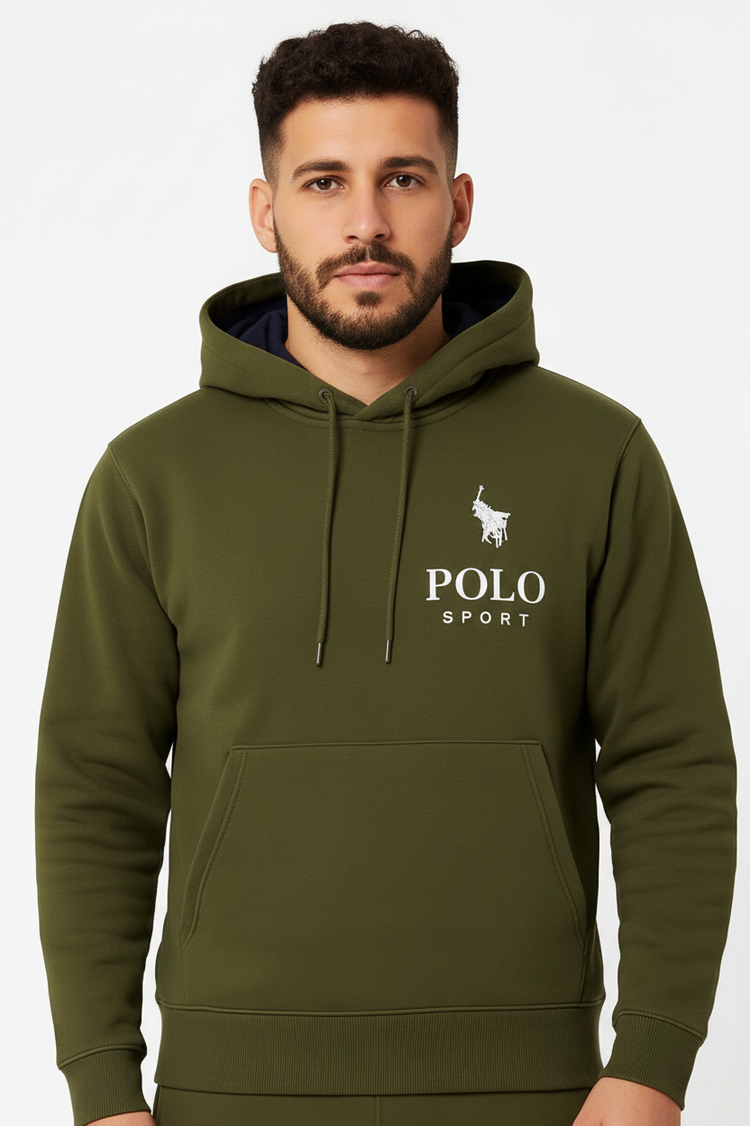 Men’s Olive Green Pullover Hoodie & Jogger Tracksuit Set | Polo Sport Logo | Sizes S–XXL