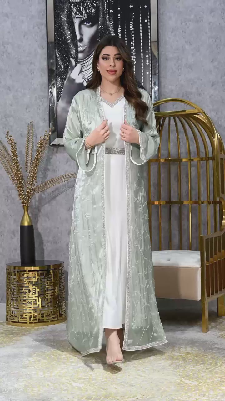 Diamond Trim Embroidered Kaftan with Inner Dress | Modest Evening Wear | 4 Colors | Sizes S-XL | MH