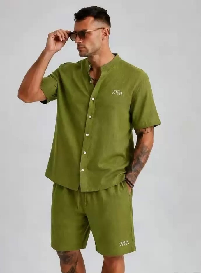 Men’s Premium Textured Band Collar Shirt & Shorts Co-ord Set | Half Sleeve Summer Set | M–XXL