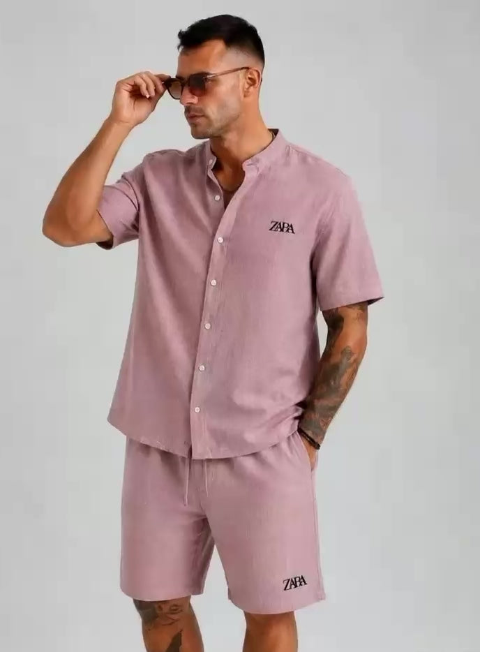 Men’s Premium Textured Band Collar Shirt & Shorts Co-ord Set | Half Sleeve Summer Set | M–XXL