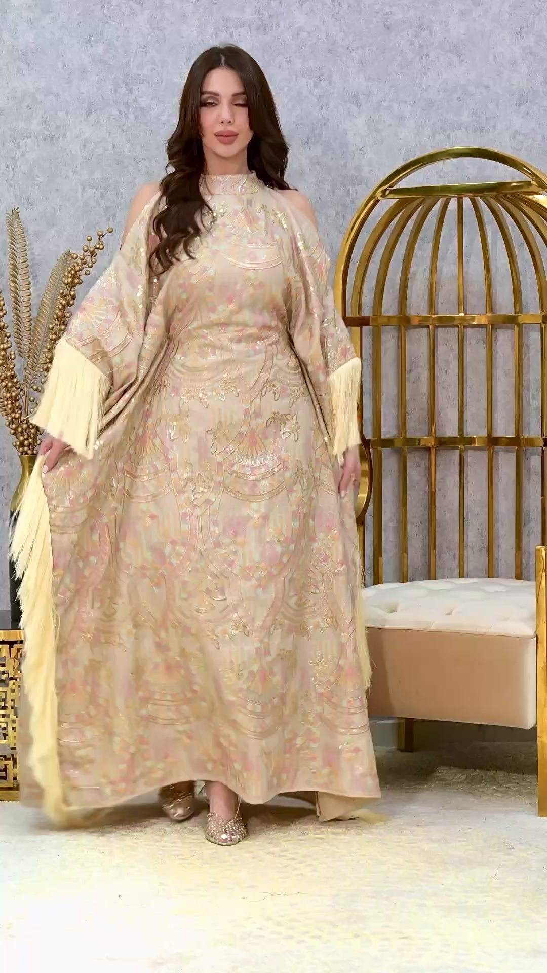 Royal Embroidered Kaftan Dress with Fringe Sleeves | Luxury Evening Abaya UAE | 4 Colors | Sizes M-XXL | MH