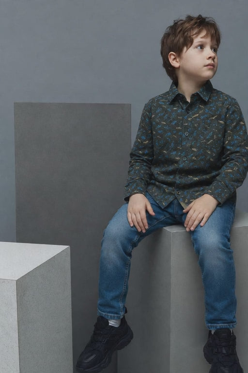 Boys Dark Charcoal Blue & Gold Feather Scatter Print Long Sleeve Shirt | Smart Casual | Ages 3–14 Years | MH