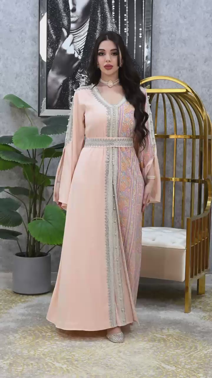 Panel Embroidered Dubai Kaftan with Waist Belt | Eid Occasion Wear Elite Women's Artisan  Luxury Hand-Stitched Occasion Gown |3 colors-| Sizes S-XL | MH