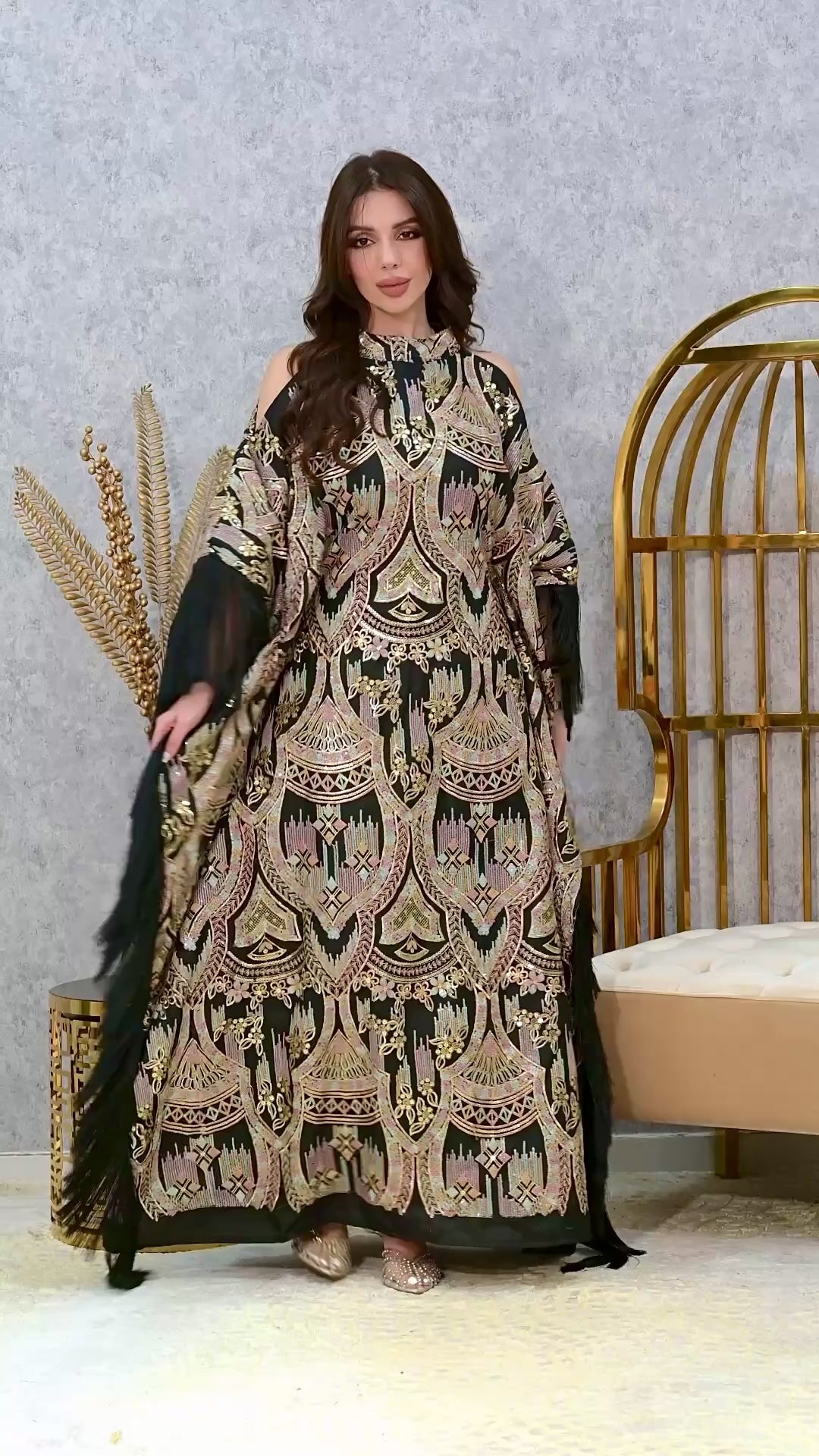 Royal Embroidered Kaftan Dress with Fringe Sleeves | Luxury Evening Abaya UAE | 4 Colors | Sizes M-XXL | MH