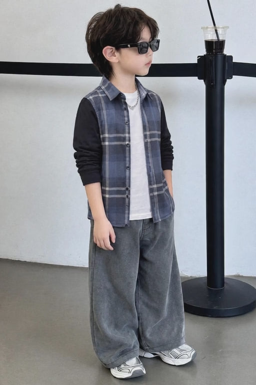 Trendy Kids Cotton Long Sleeve Shirt – Check Pattern & Knit Sleeve Design (1-12yrs)MH