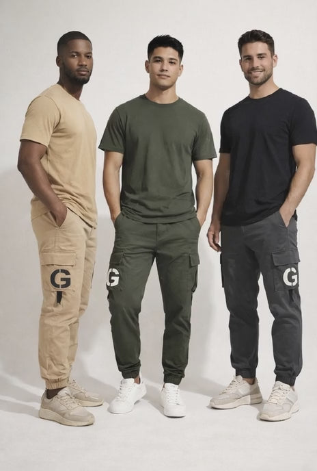 Young Men’s Olive Green Cargo Joggers 17-24 Years | Stylish Multiple Pockets Jogger Pants with “G” Patch | 3 Colors | MH
