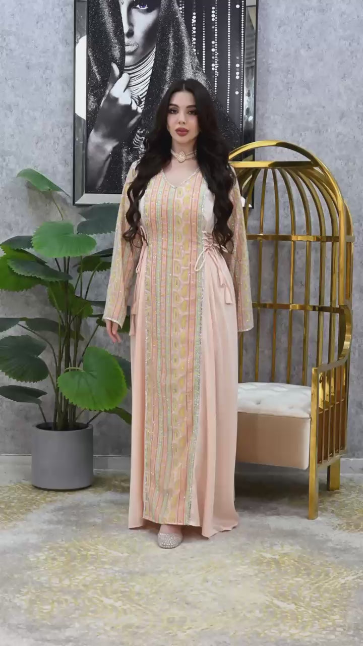 Crystal Panel Crepe Royal Tapestry Embroidered Dress with Adjustable Waist | Modest Evening Wear Dubai Occasion Kaftan | 4 Colors | Sizes F1-F2 | MH