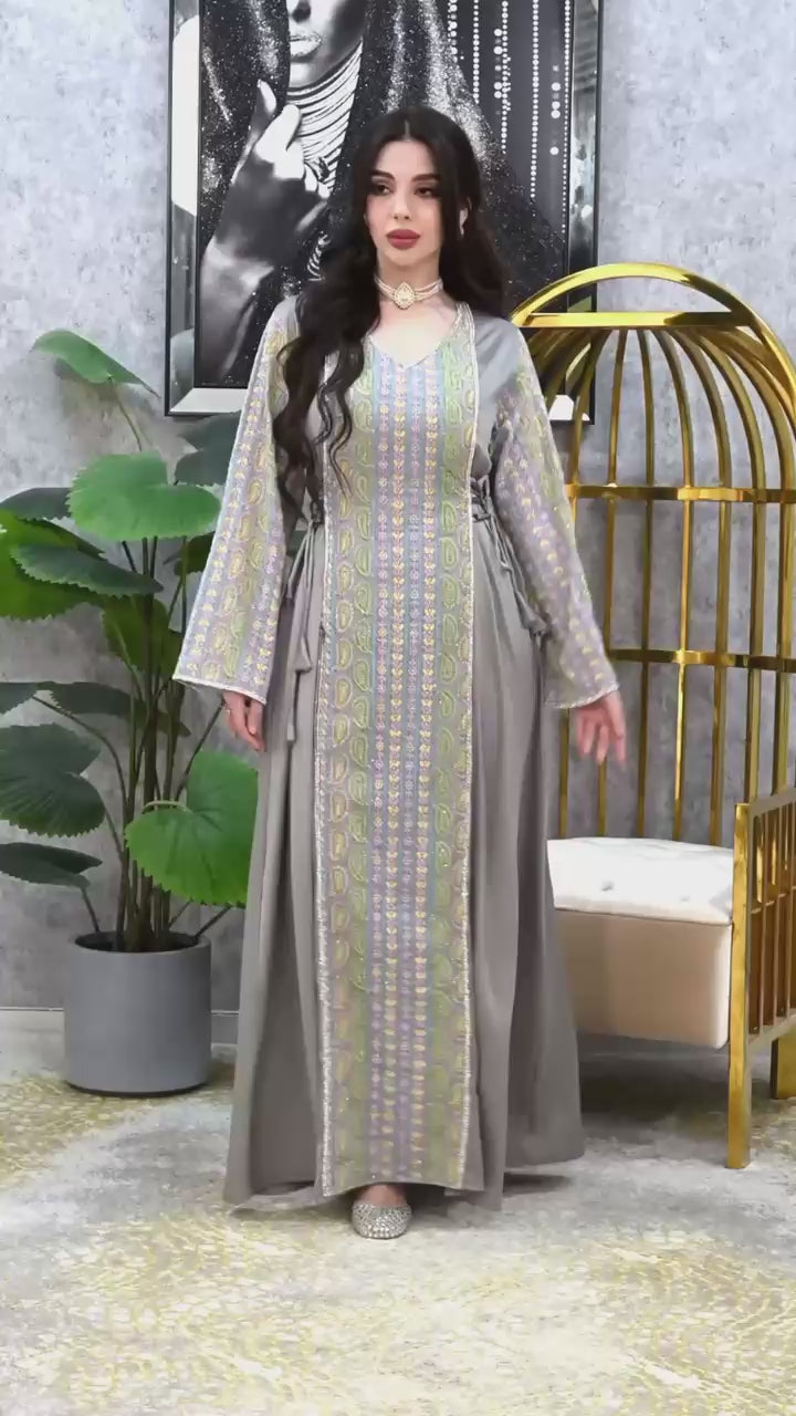 Crystal Panel Crepe Royal Tapestry Embroidered Dress with Adjustable Waist | Modest Evening Wear Dubai Occasion Kaftan | 4 Colors | Sizes F1-F2 | MH