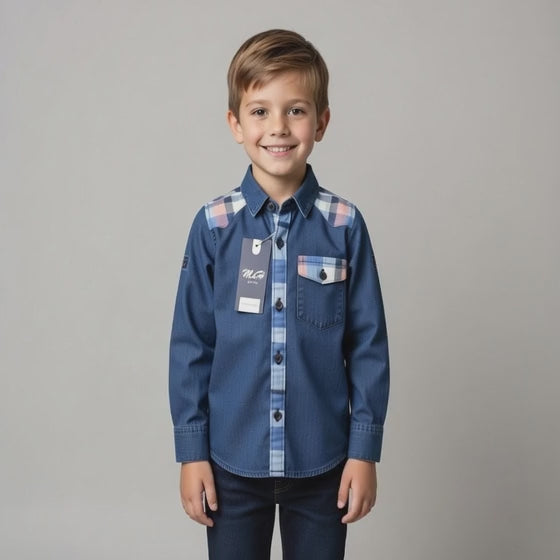 Boys Navy Blue Cotton Long Sleeve Shirt | Pink Plaid Contrast Yoke & Pocket | Ages 2–12 Years | MH