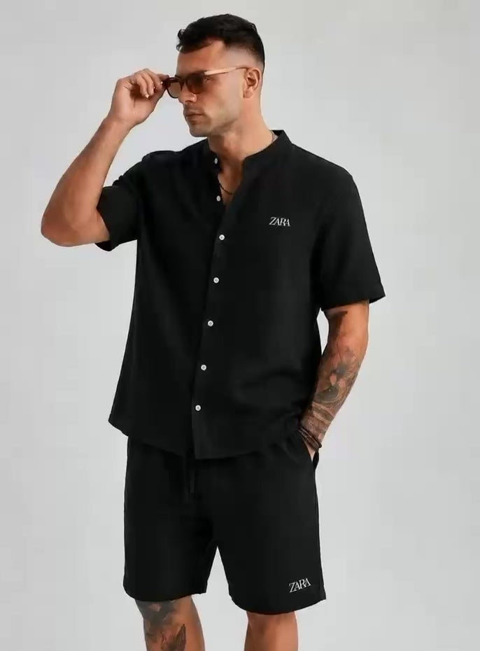 Men’s Premium Textured Band Collar Shirt & Shorts Co-ord Set | Half Sleeve Summer Set | M–XXL