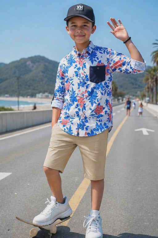 Boys Floral Print Long Sleeve Shirt | White Blue & Red Flower Pattern | Ages 3–14 Years | MH