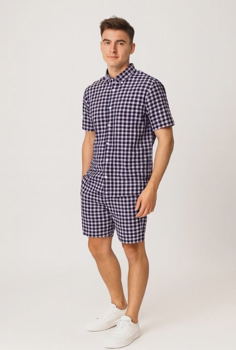 Men's Gingham Check Normal Collar Shirt and Shorts Set | 5 Colors | Sizes S-XXL | MH