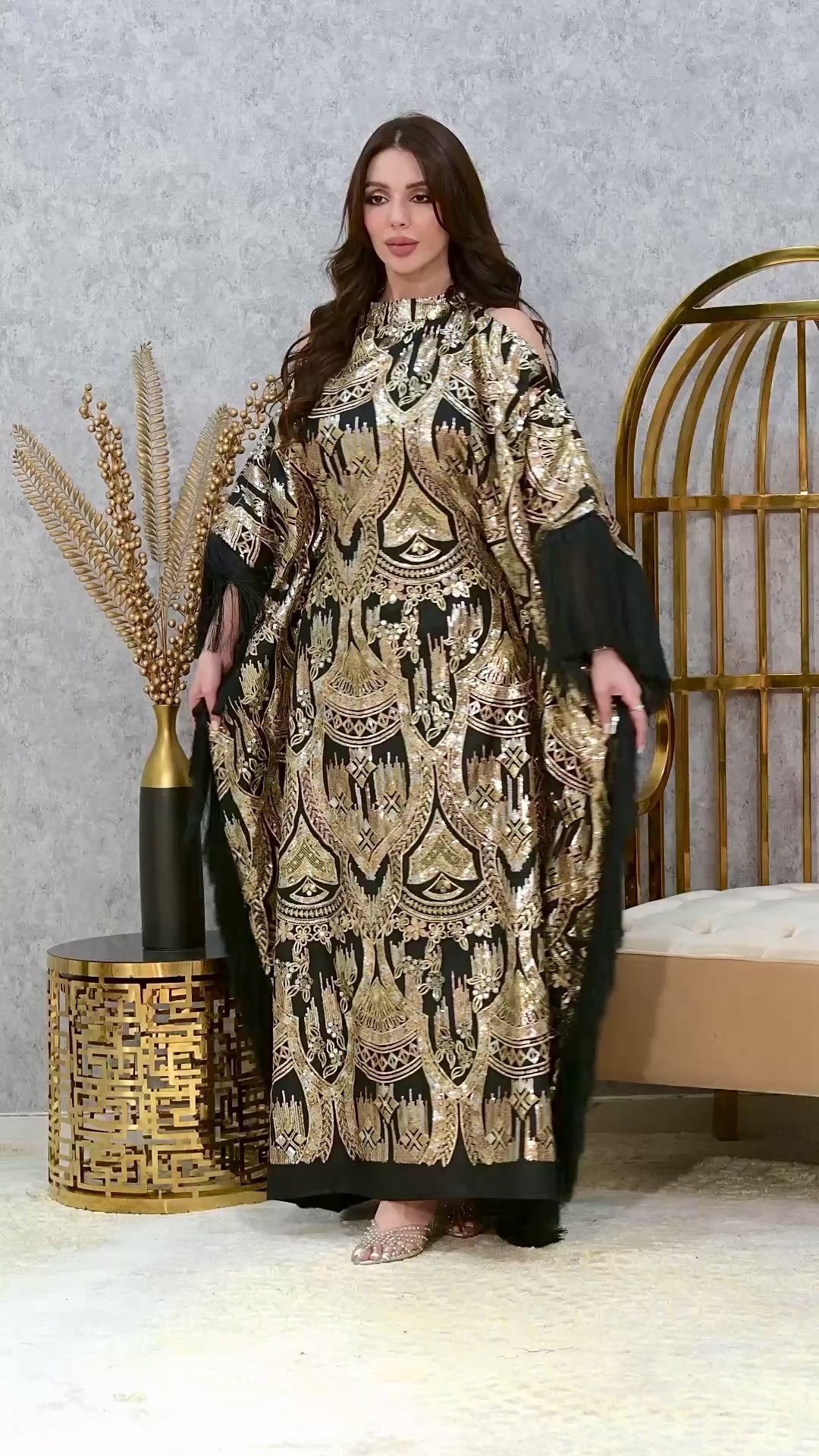 Royal Embroidered Kaftan Dress with Fringe Sleeves | Luxury Evening Abaya UAE | 4 Colors | Sizes M-XXL | MH