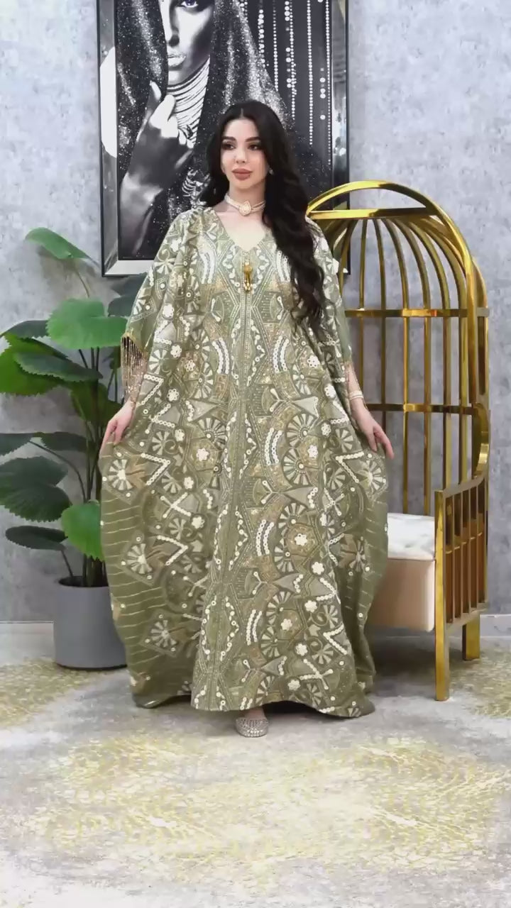 Embroidered Butterfly Kaftan with Tassel Sleeves | 4 Colors | Luxury Free Size Dress for Eid UAE | MH