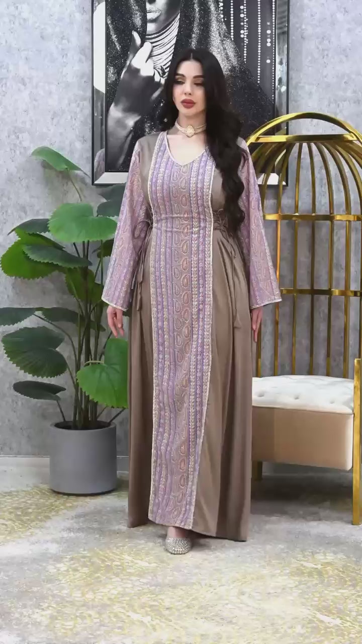 Crystal Panel Crepe Royal Tapestry Embroidered Dress with Adjustable Waist | Modest Evening Wear Dubai Occasion Kaftan | 4 Colors | Sizes F1-F2 | MH