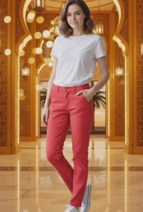 Women’s Red Slim Fit Chino Cotton Casual Smart Pants | Sizes 26”–36” | MH