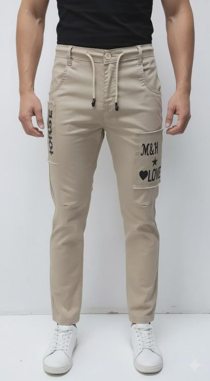 Men's Urban style Slim-Fit Patches Pants With Adjustable Drawstring Beige Cargo Jogger Pants 17-24 Years - Casual Trousers with Pockets | MH