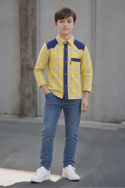 Boys' Navy Yoke Mustard Plaid Button-Down Shirt – Premium Cotton Western Style (Ages 2-12) | MH