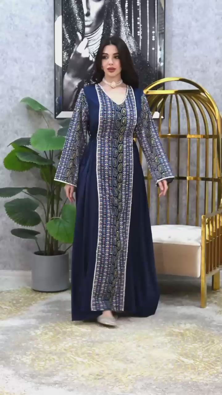 Crystal Panel Crepe Royal Tapestry Embroidered Dress with Adjustable Waist | Modest Evening Wear Dubai Occasion Kaftan | 4 Colors | Sizes F1-F2 | MH