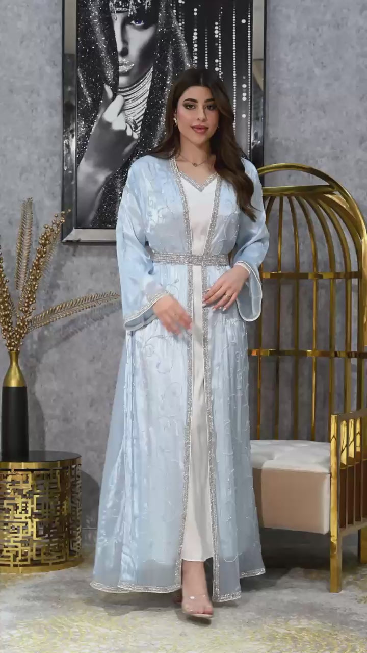Diamond Trim Embroidered Kaftan with Inner Dress | Modest Evening Wear | 4 Colors | Sizes S-XL | MH