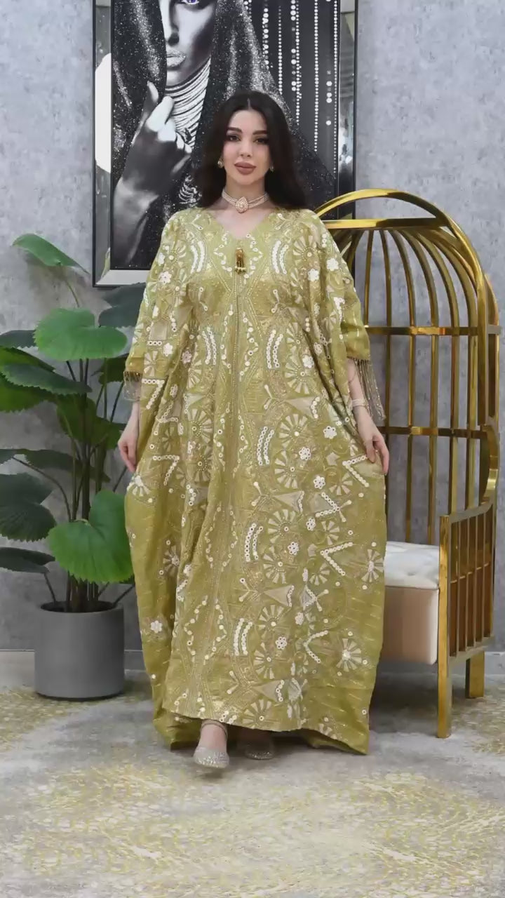 Embroidered Butterfly Kaftan with Tassel Sleeves | 4 Colors | Luxury Free Size Dress for Eid UAE | MH